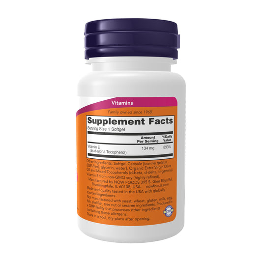 NOW Foods plant-derived Vitamin E dietary supplement bottle side view demonstrating product description text