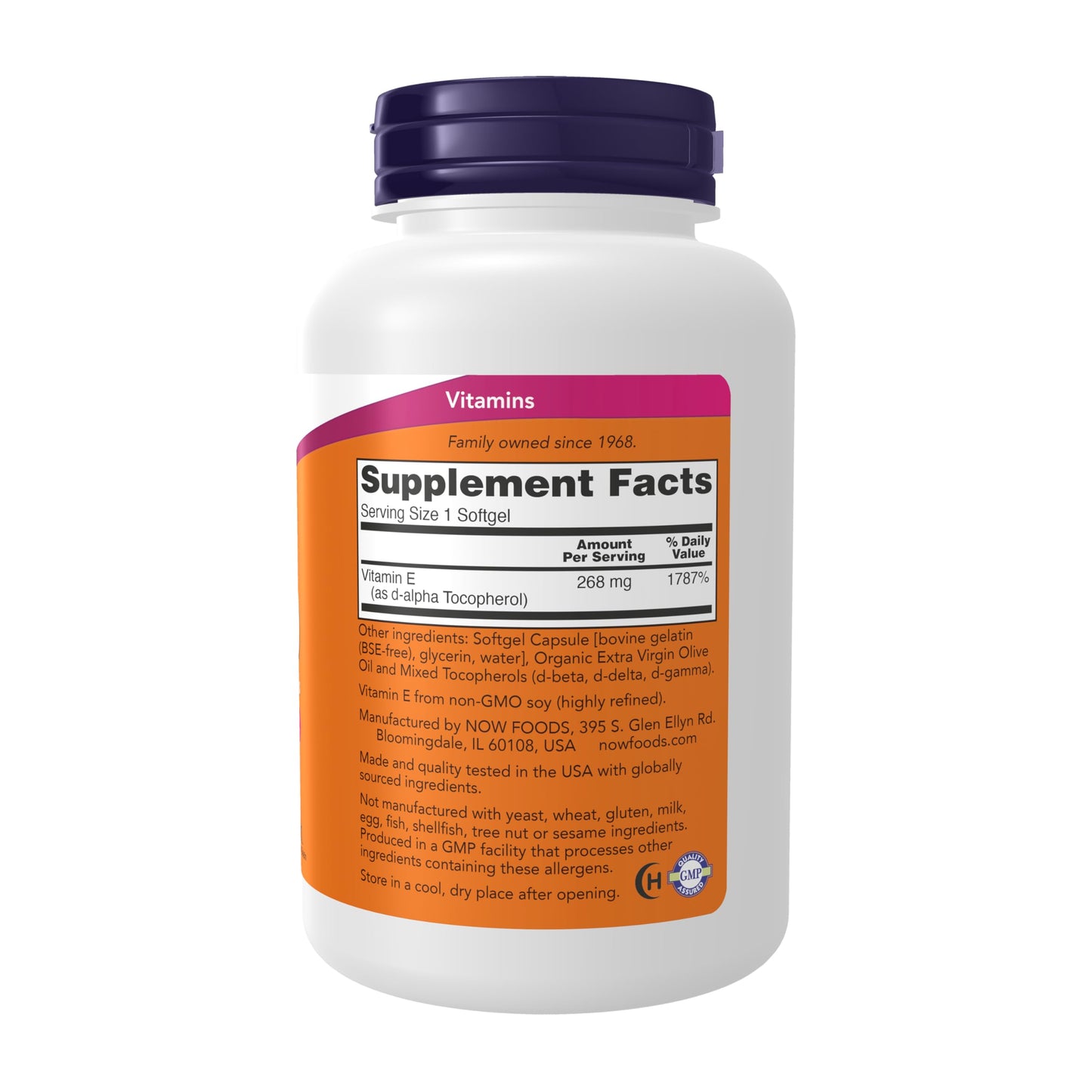 NOW Foods plant-derived E-400 with mixed tocopherols dietary supplement label details