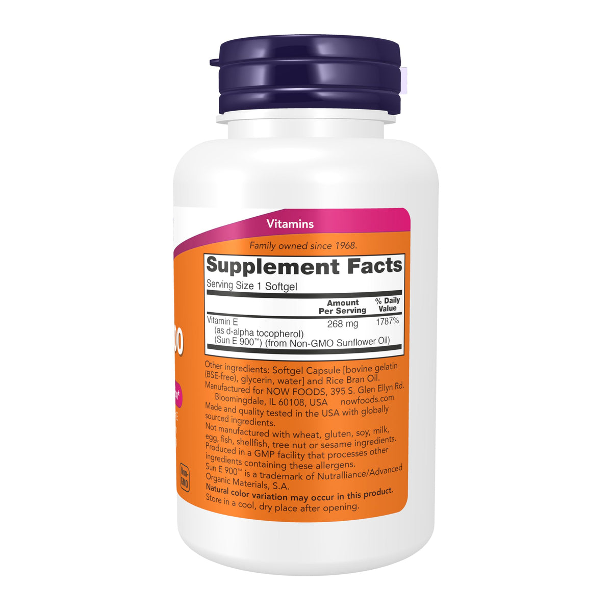 Now Foods Sun E supplement nutrition facts label closeup