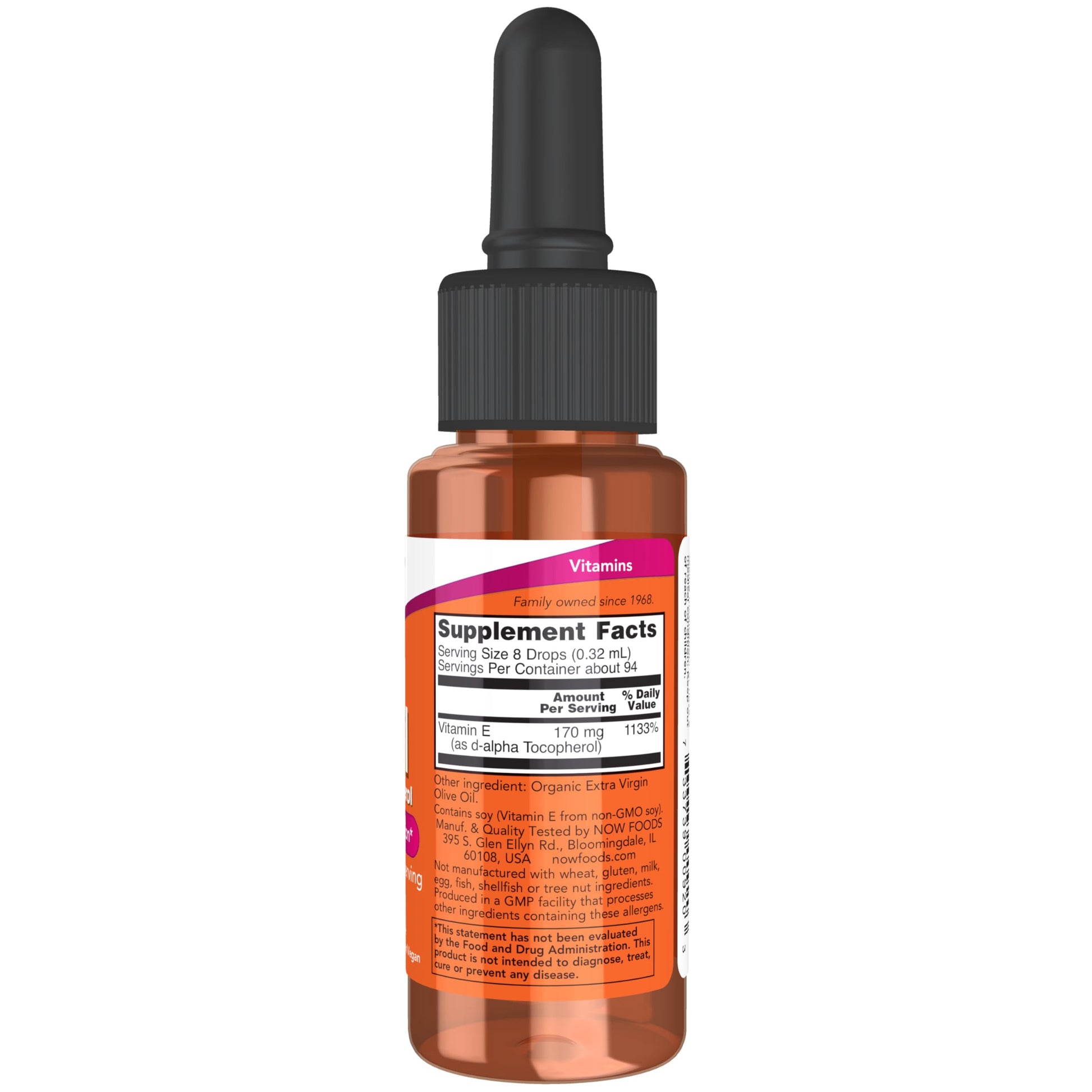 NOW Foods Vitamin E Oil dropper bottle showing natural d-alpha tocopherol liquid