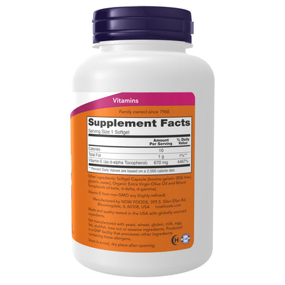 NOW Foods Vitamin E supplement showing product details and ingredients label