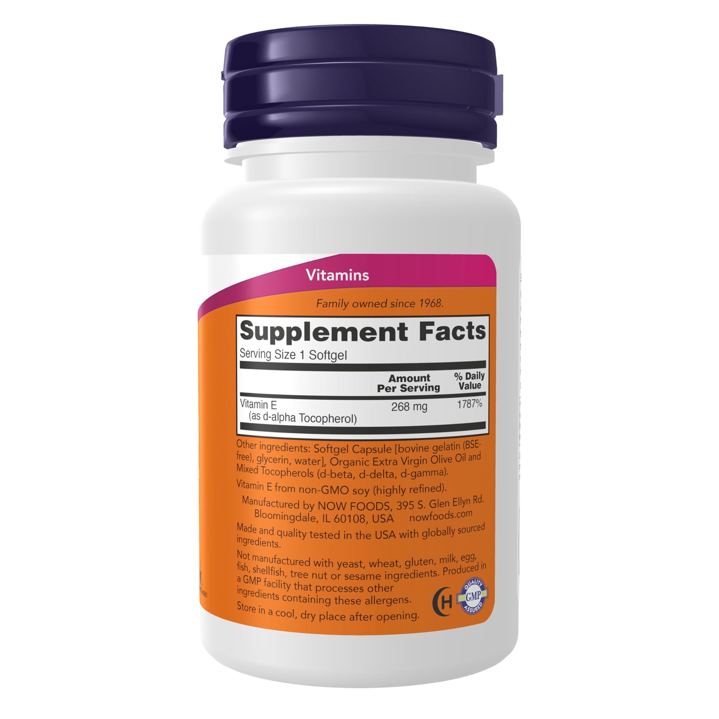 NOW Foods Vitamin E dietary supplement bottle side label displaying supplement facts and ingredients