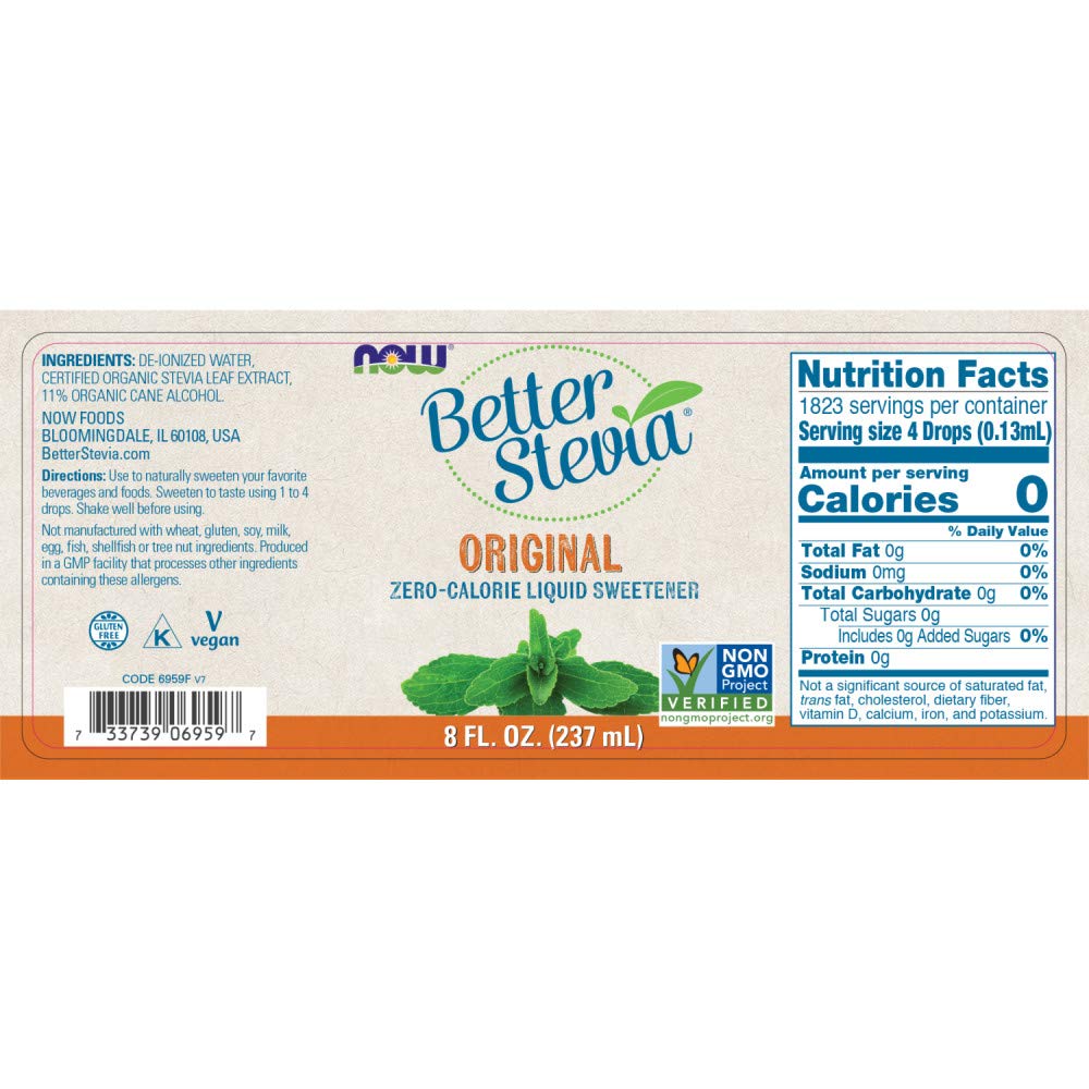 NOW Foods zero calorie liquid sweetener organic stevia extract nutrition facts panel detail.
