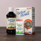 Two bottles of NOW Foods original flavor stevia liquid drops on a clean background.