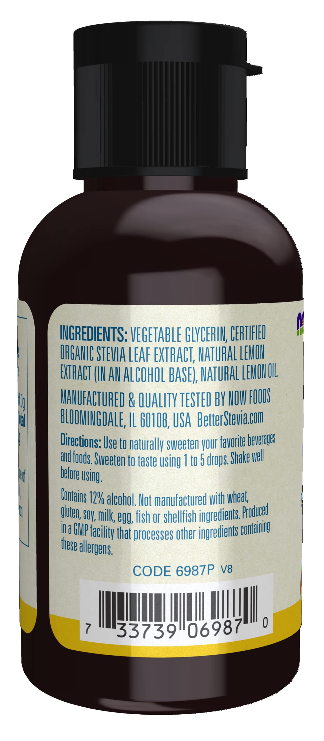 NOW Foods BetterStevia Lemon Twist dropper bottle showing serving size details