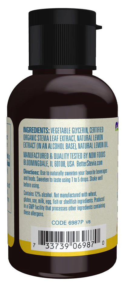 NOW Foods BetterStevia Lemon Twist dropper bottle showing serving size details