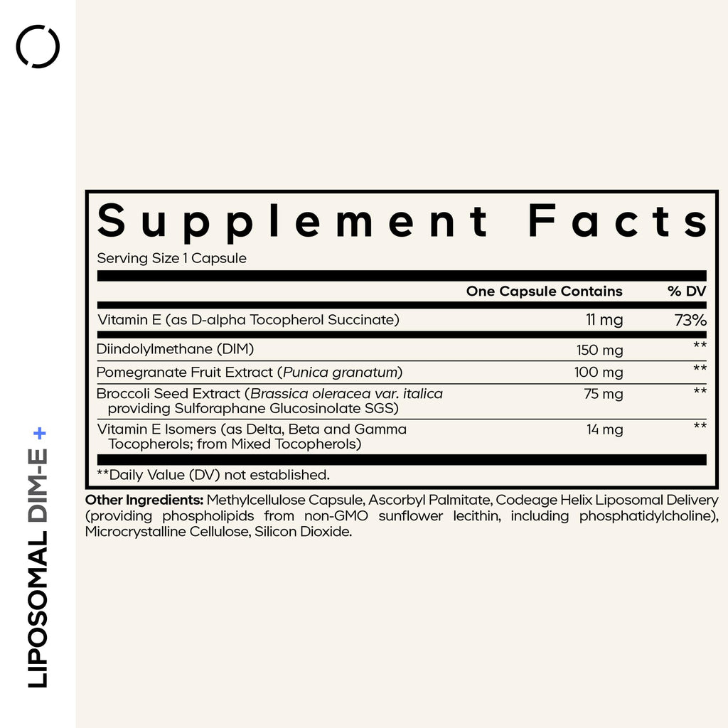 Codeage Liposomal DIM-E+ capsules nutritional supplement label details
