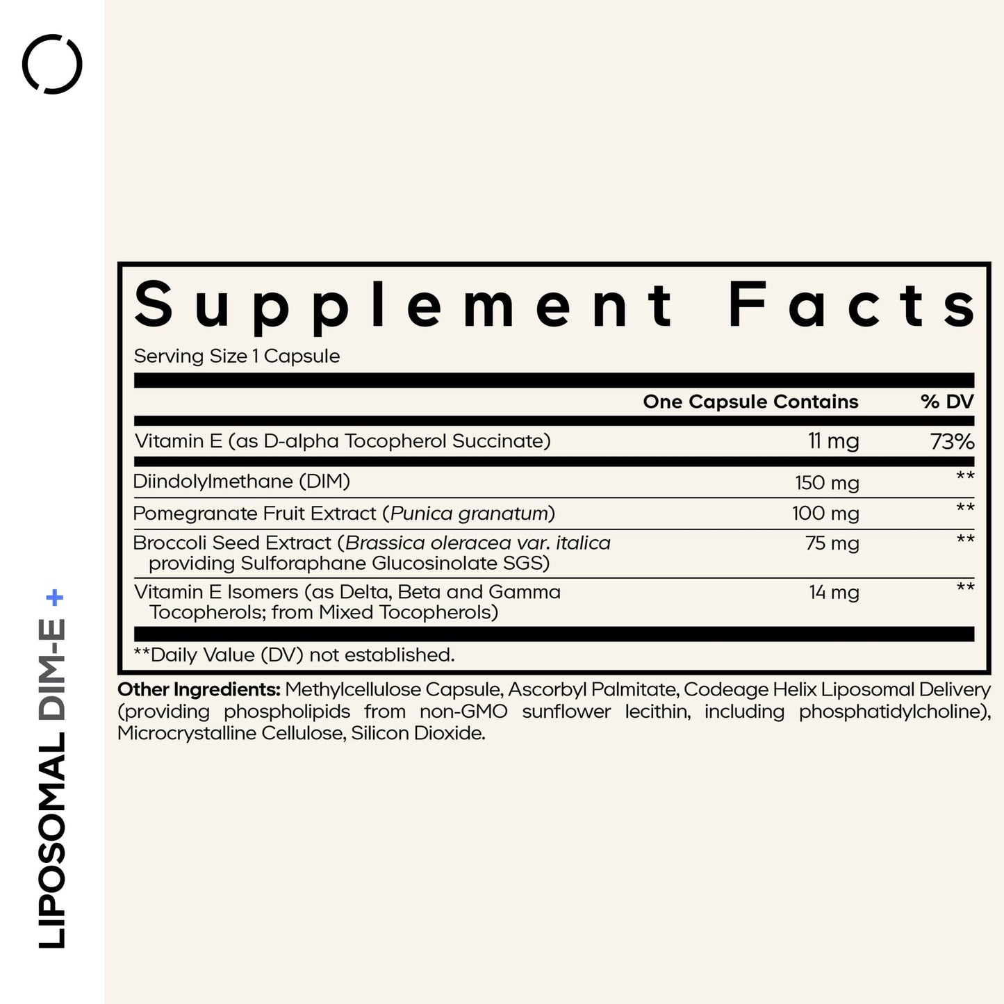 Codeage Liposomal DIM supplement bottle showing supplement facts list and ingredients