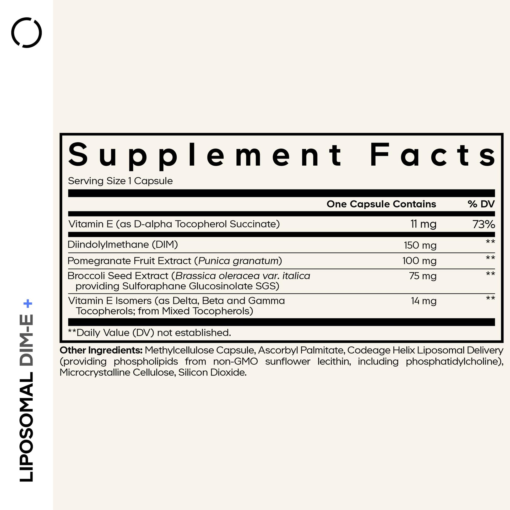Codeage Liposomal DIM supplement bottle showing supplement facts list and ingredients