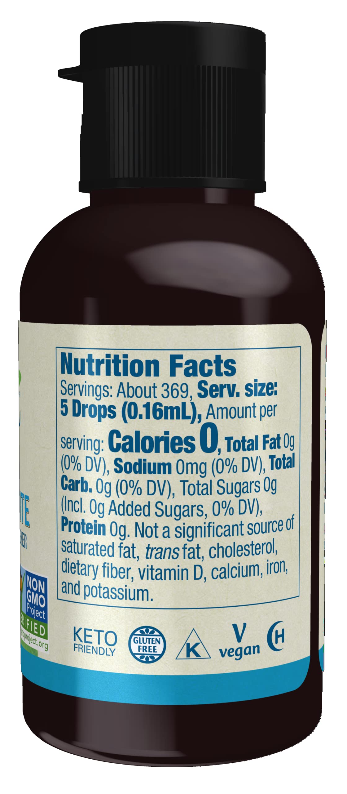 NOW Foods BetterStevia alcohol free liquid sweetener showing organic stevia ingredients label