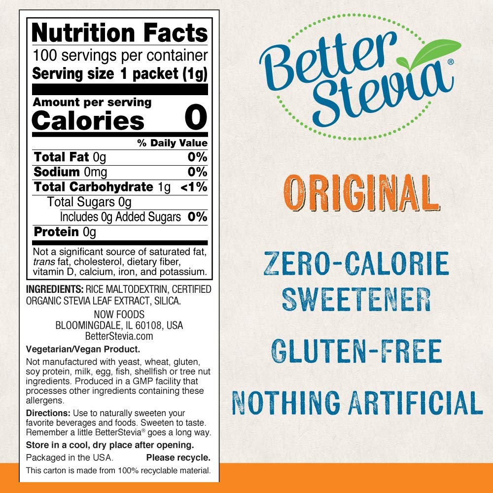 Side angle of NOW Foods organic stevia extract packets showing non GMO and keto certified labels.