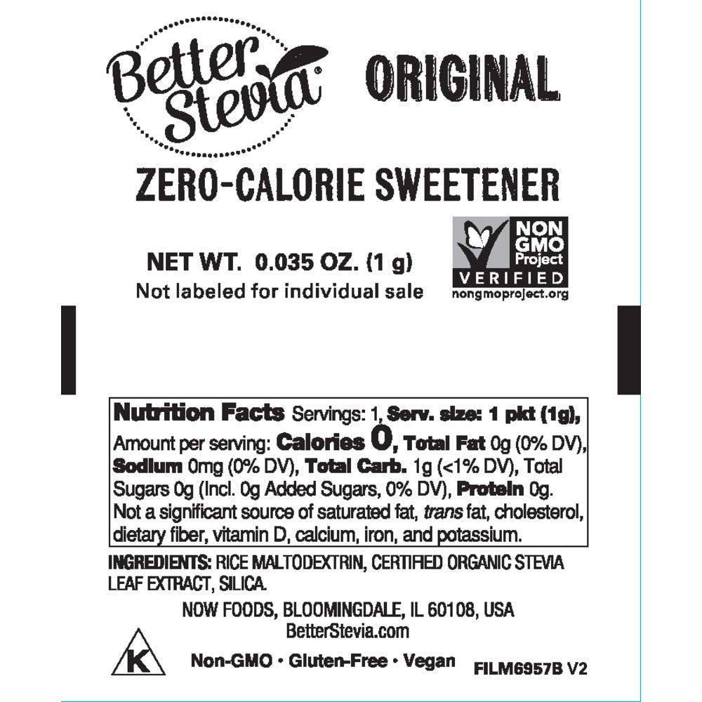 Back of the NOW Foods BetterStevia package highlighting ingredient list and low glycemic facts.