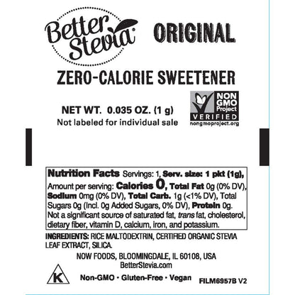 Back of the NOW Foods BetterStevia package highlighting ingredient list and low glycemic facts.