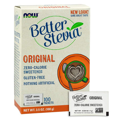 Individual single serve stevia sweetener packets arranged outside the original twin pack box.