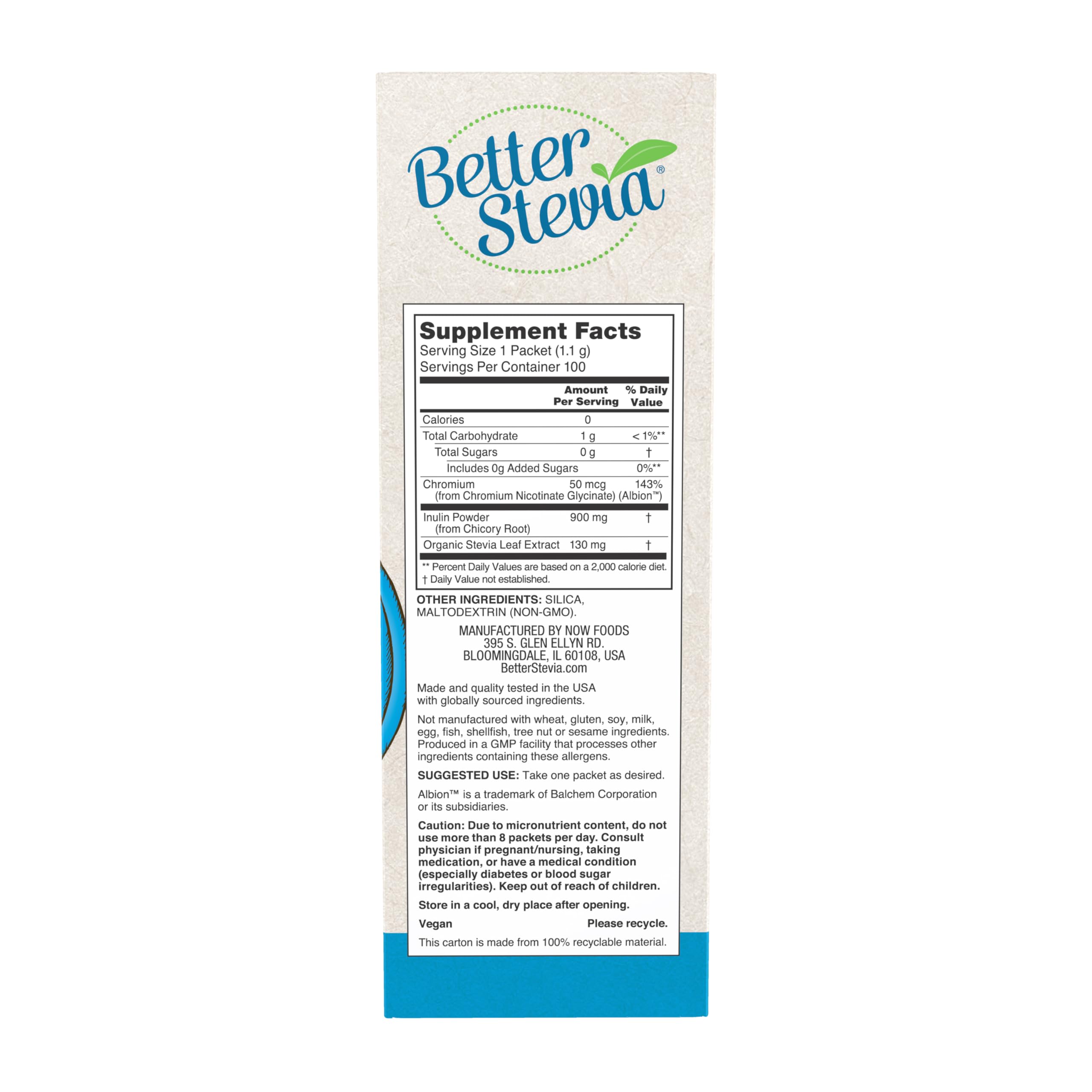 Side view of NOW Foods Stevia Balance packaging highlighting the chromium and prebiotic inulin ingredients