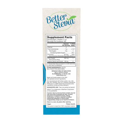 Side view of NOW Foods Stevia Balance packaging highlighting the chromium and prebiotic inulin ingredients