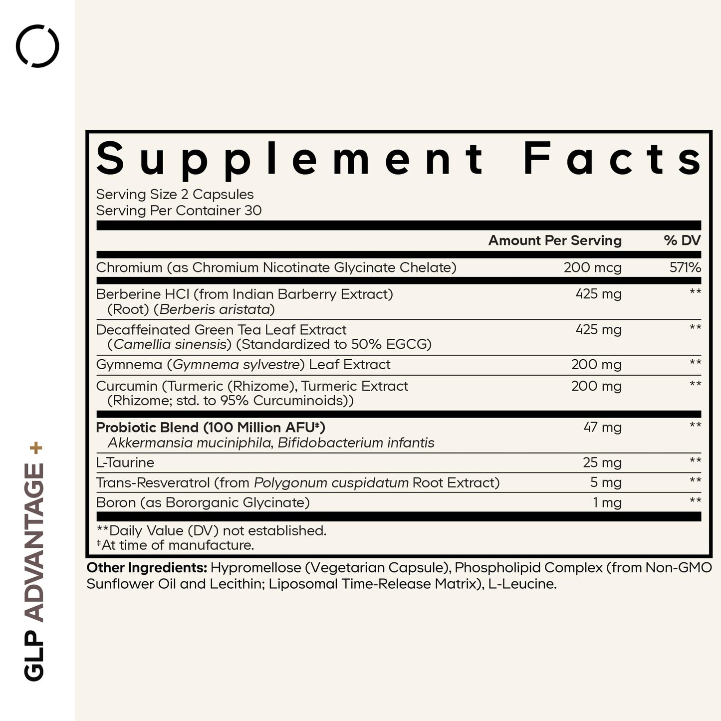 Codeage GLP Advantage supplement showing side label ingredients with berberine and chromium