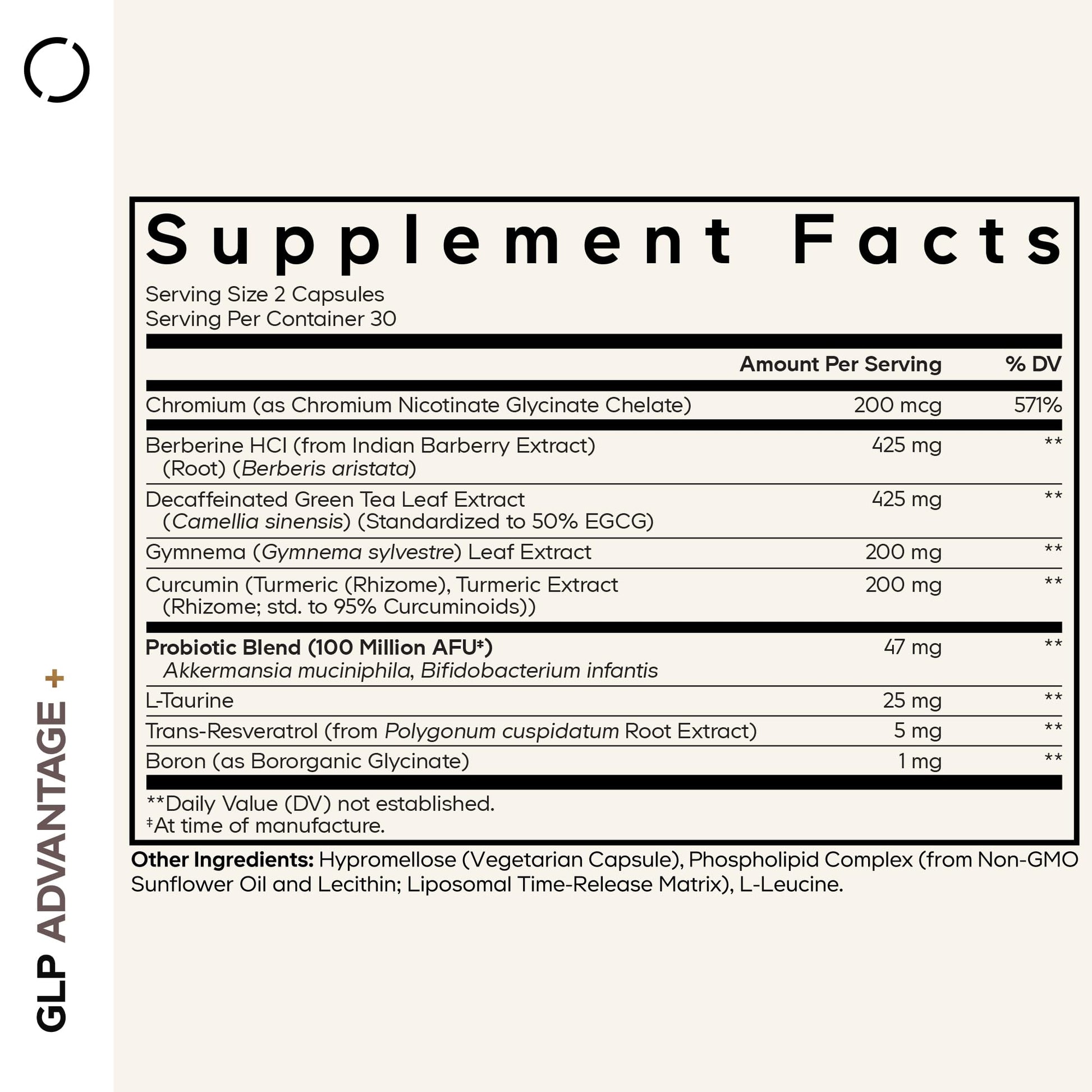 Codeage GLP Advantage supplement showing side label ingredients with berberine and chromium