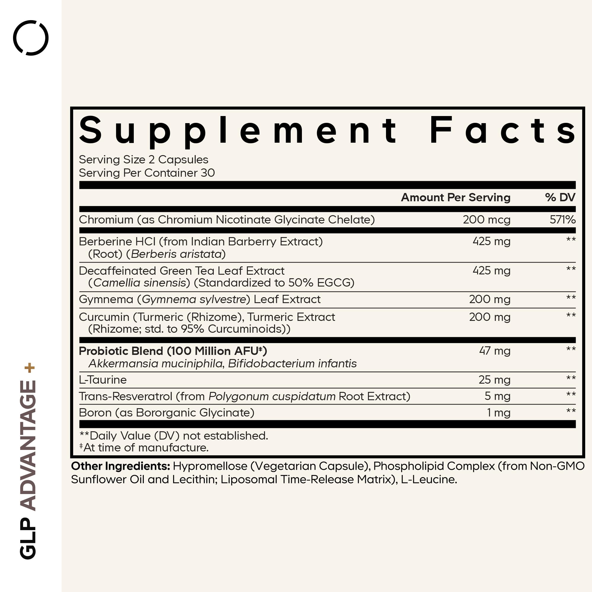 Codeage GLP Advantage supplement showing side label ingredients with berberine and chromium