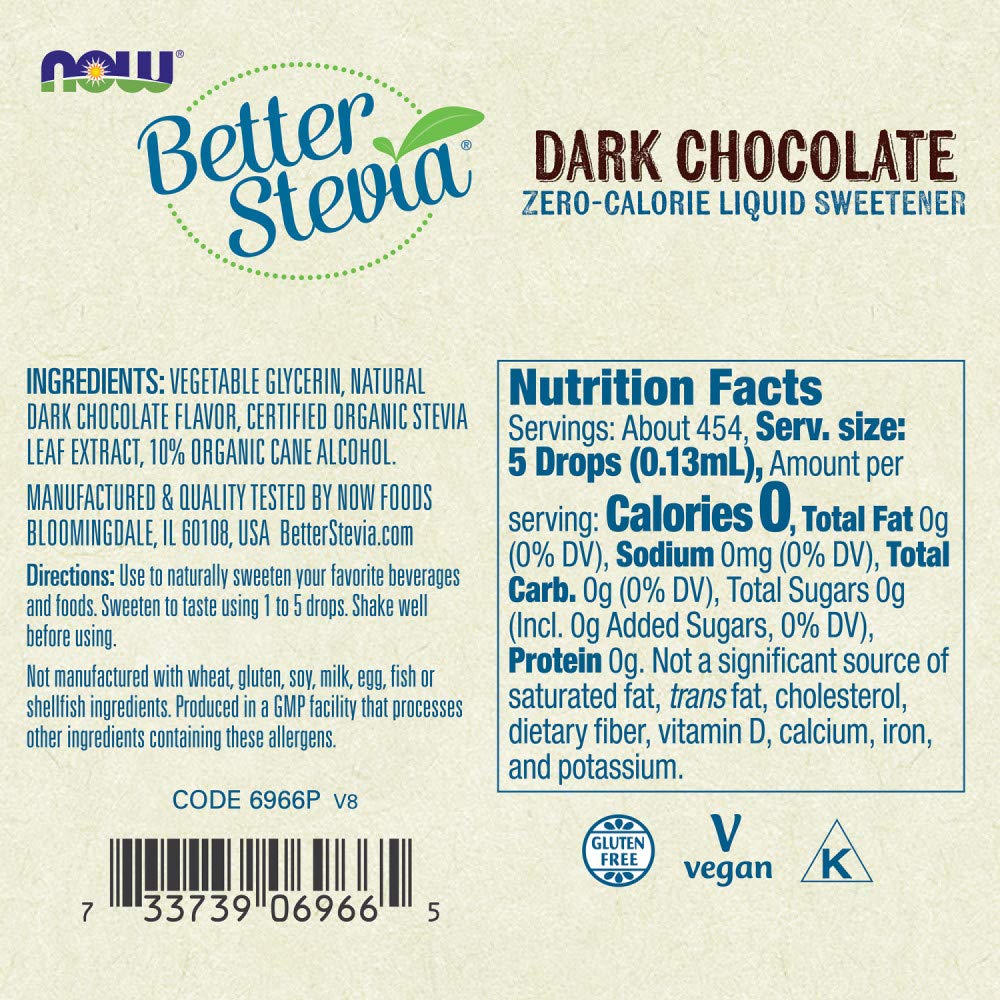 Now Foods BetterStevia Dark Chocolate liquid label details and ingredients.