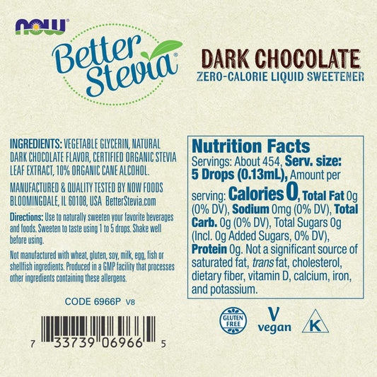 Now Foods BetterStevia Dark Chocolate liquid label details and ingredients.