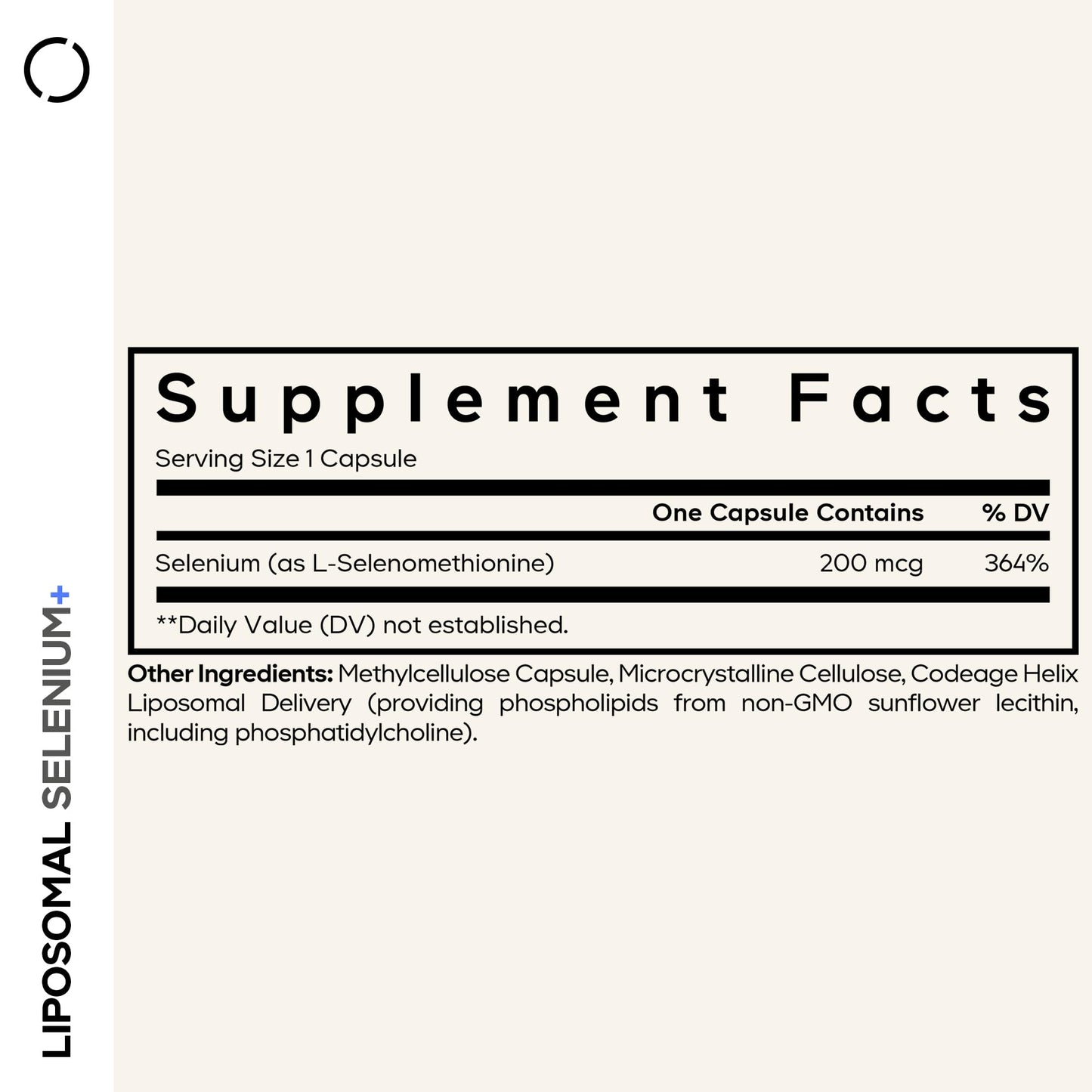Codeage L-Selenomethionine 180 capsules supplement bottle side view showing clean label facts