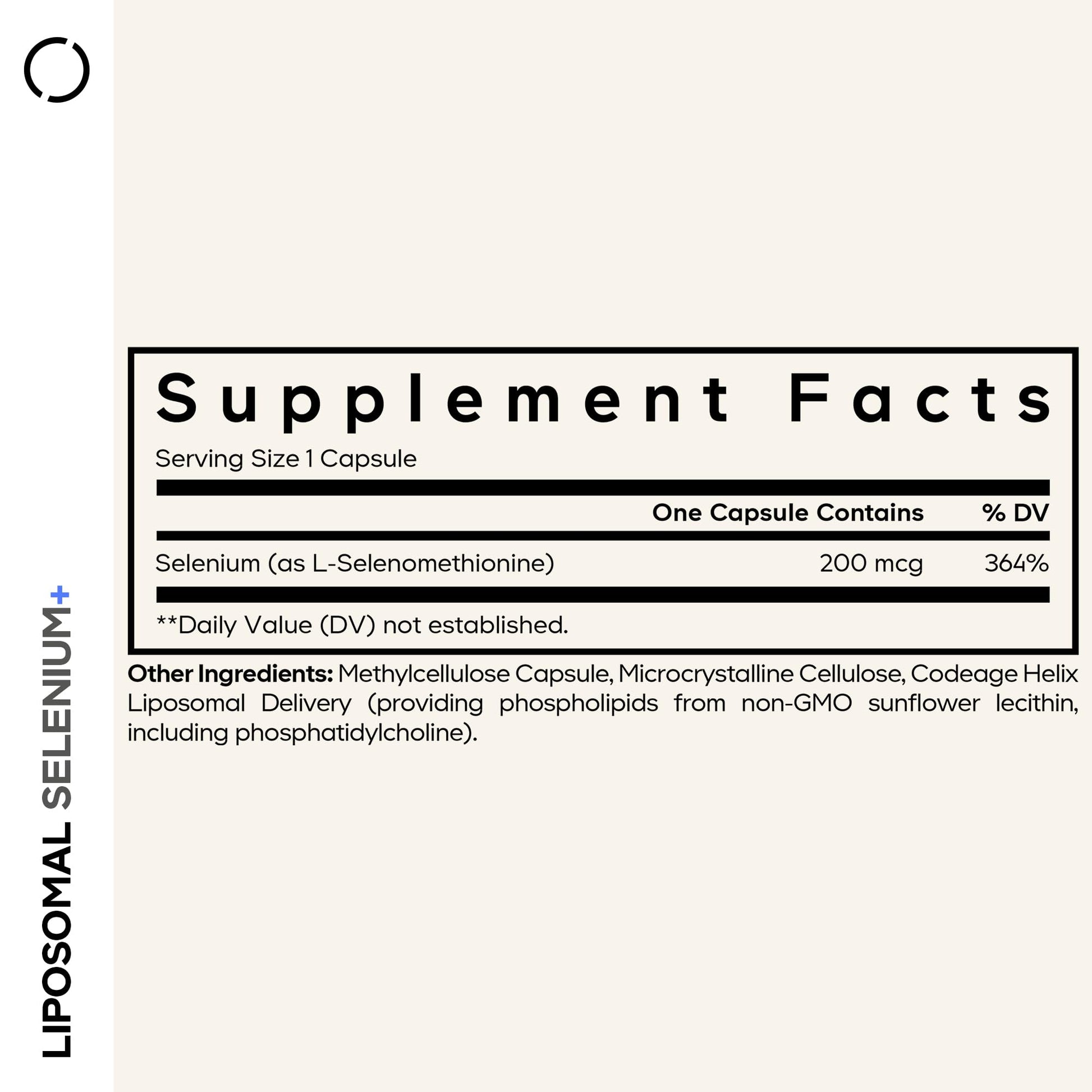 Codeage L-Selenomethionine 180 capsules supplement bottle side view showing clean label facts