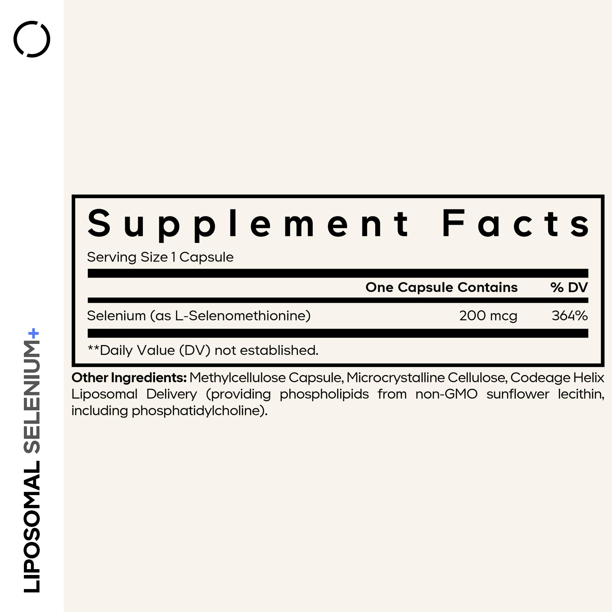 Codeage L-Selenomethionine 180 capsules supplement bottle side view showing clean label facts