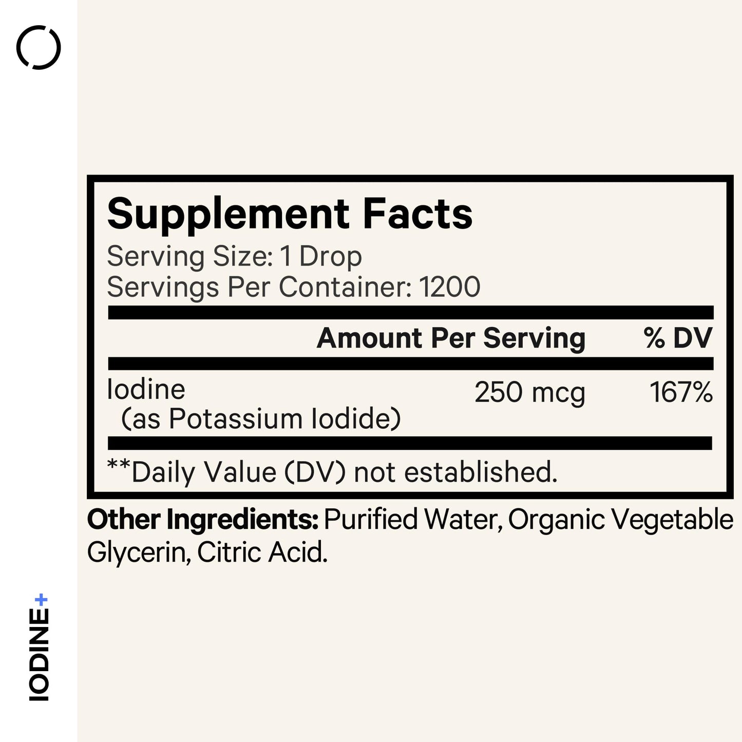 Codeage premium potassium iodide supplement liquid solution packaging detailing product serving size.