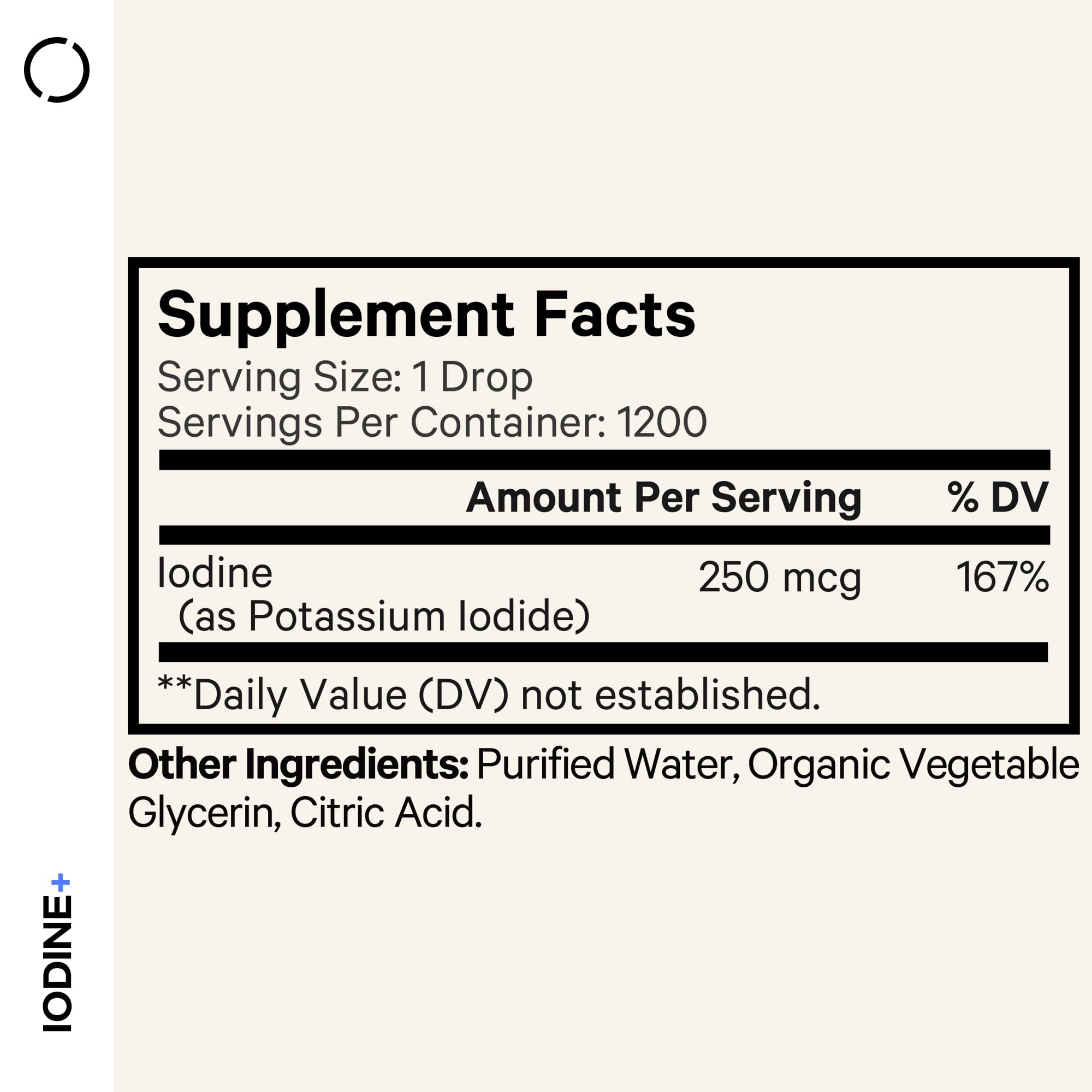 Codeage premium potassium iodide supplement liquid solution packaging detailing product serving size.