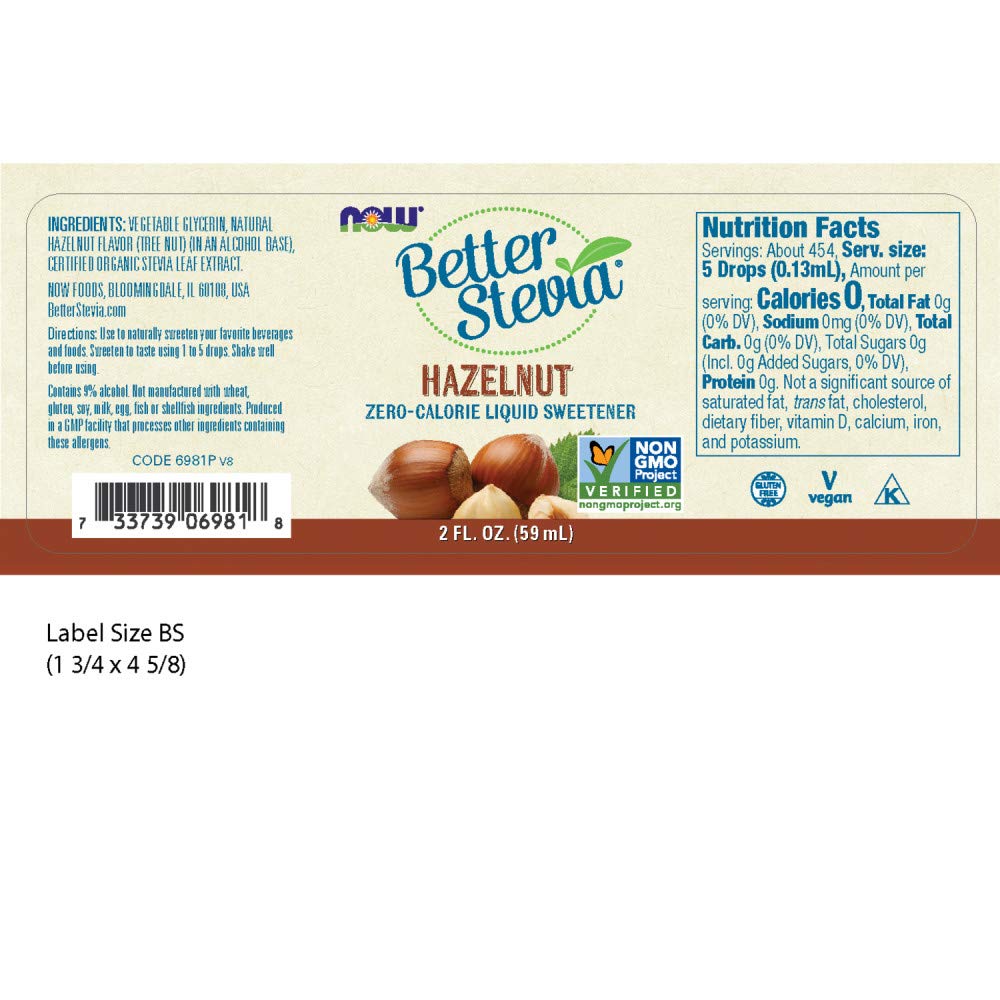 NOW Foods plant based zero calorie hazelnut liquid stevia ingredients label view