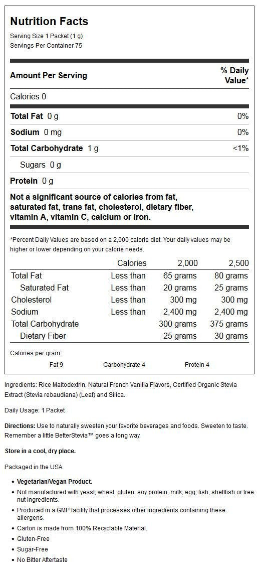 Side view of Now Foods French Vanilla stevia packaging demonstrating clean ingredients list and non GMO project verification seals.