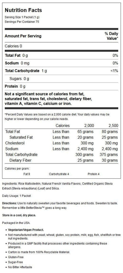 Side view of Now Foods French Vanilla stevia packaging demonstrating clean ingredients list and non GMO project verification seals.