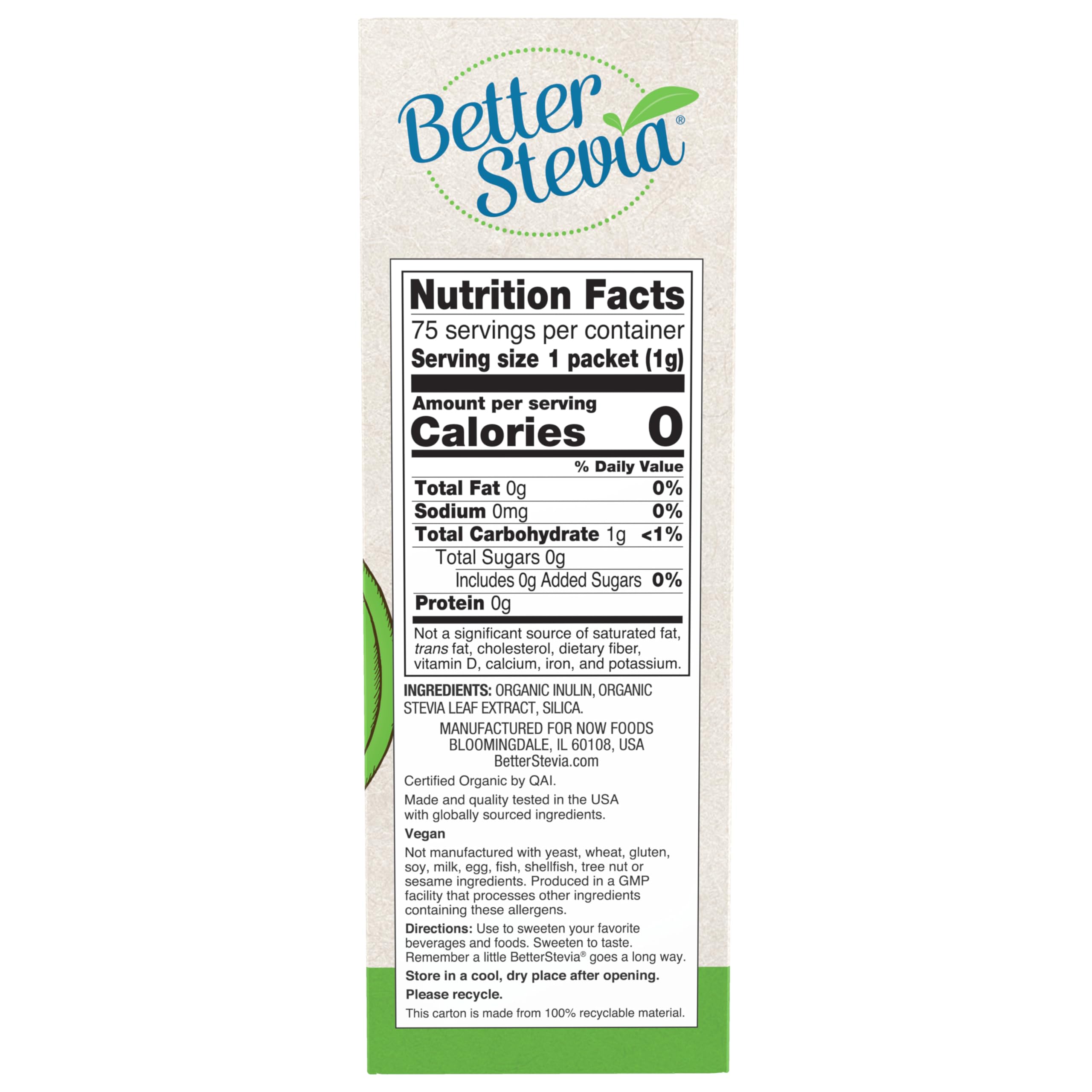 NOW Foods zero calorie stevia sweetener packets nutritional facts