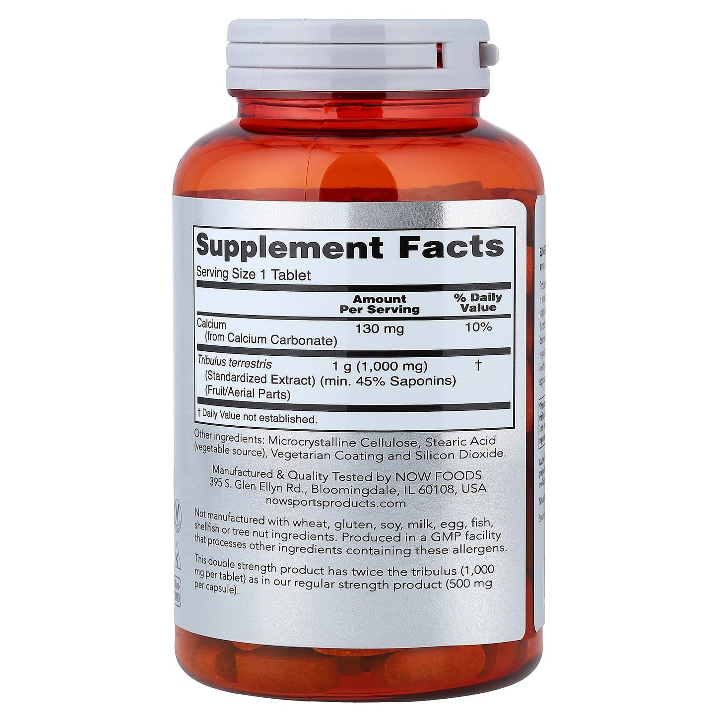 Side view of NOW Foods Tribulus 90 tablets packaging with barcode