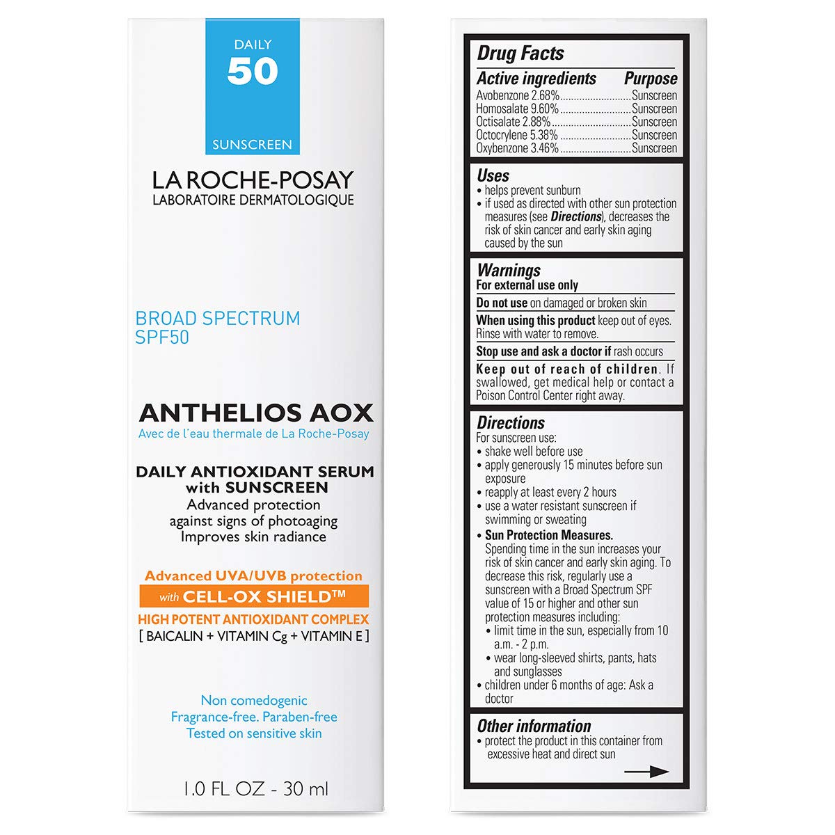 La Roche-Posay Anthelios oil free face sunscreen with Vitamin C and E packaging detail