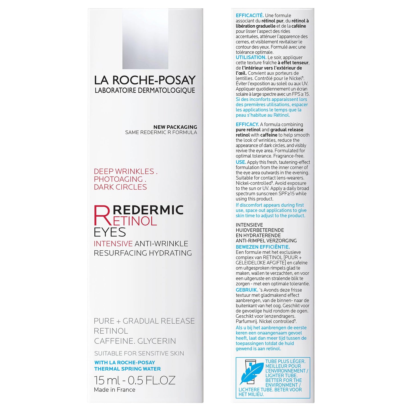 Dermatological anti-aging eye cream by La Roche-Posay showing 15ml size marker