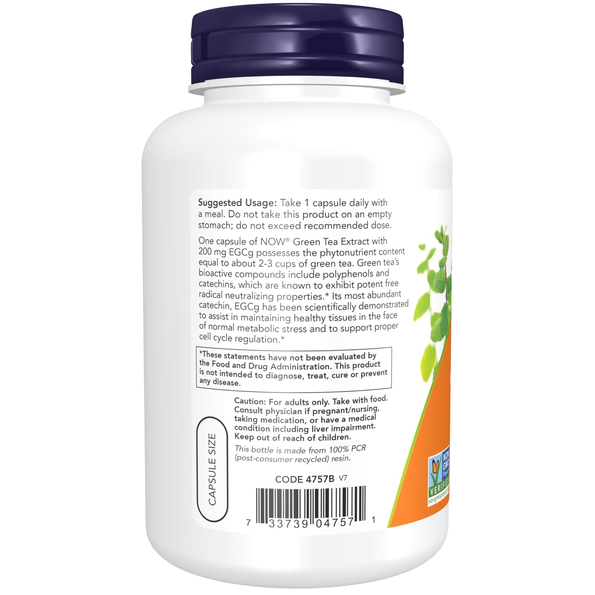 Side view of NOW Foods Green Tea Extract 180 vegetarian capsules