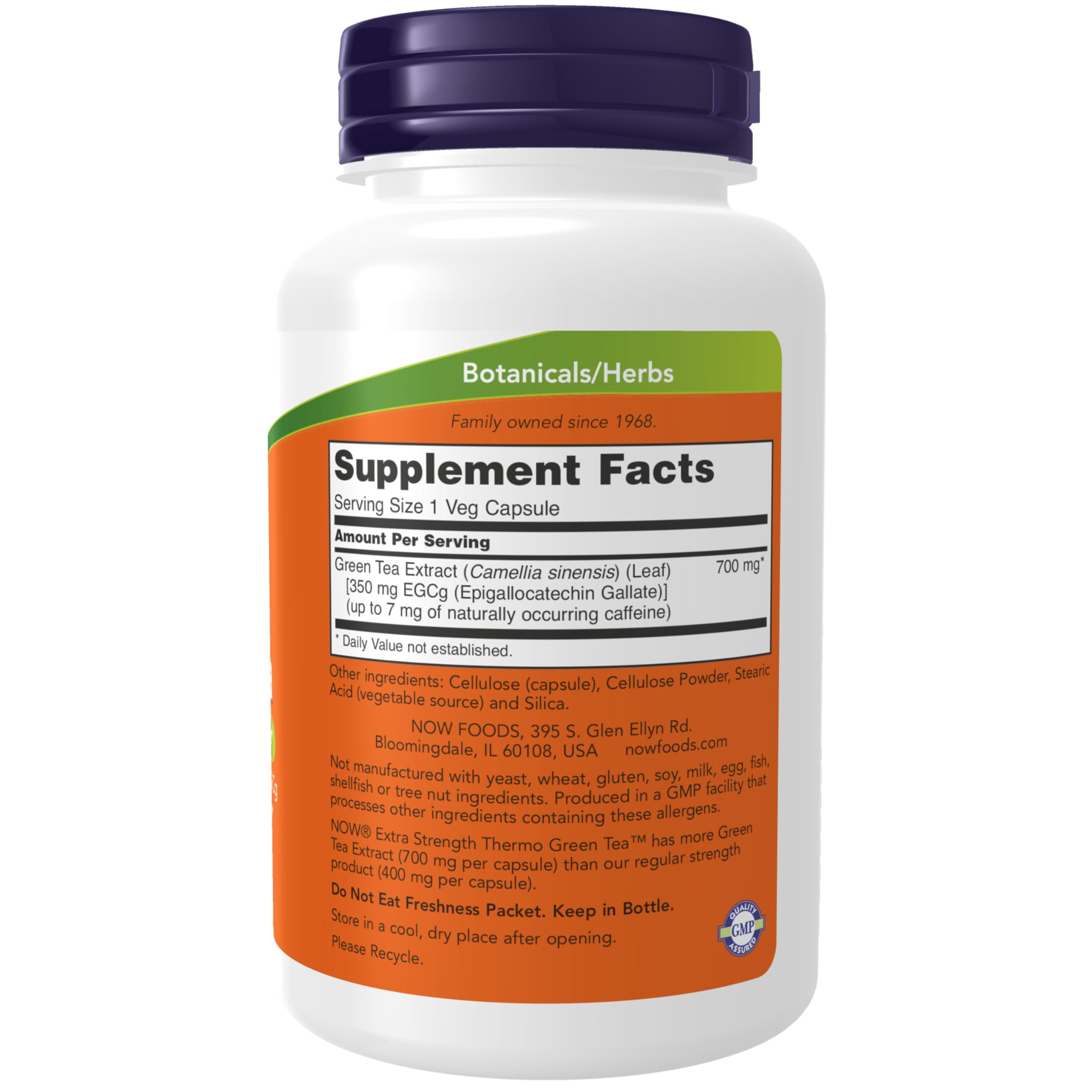 NOW Foods Thermo Green Tea 700mg packaging showing supplement facts and 350mg EGCg dosage