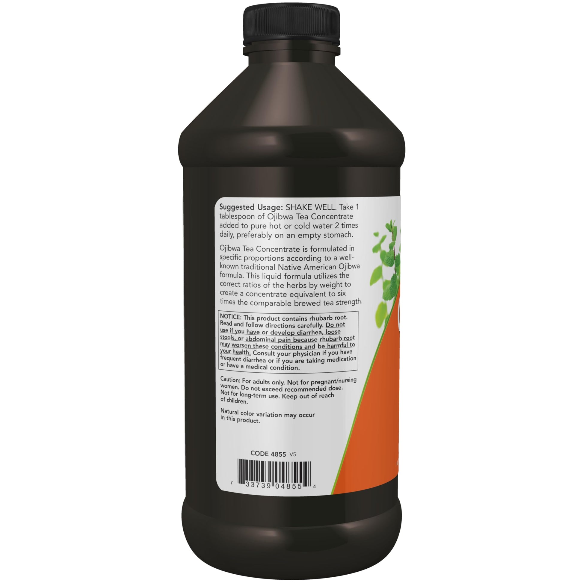 Close up of Now Foods Ojibwa Tea 6X strength bottle