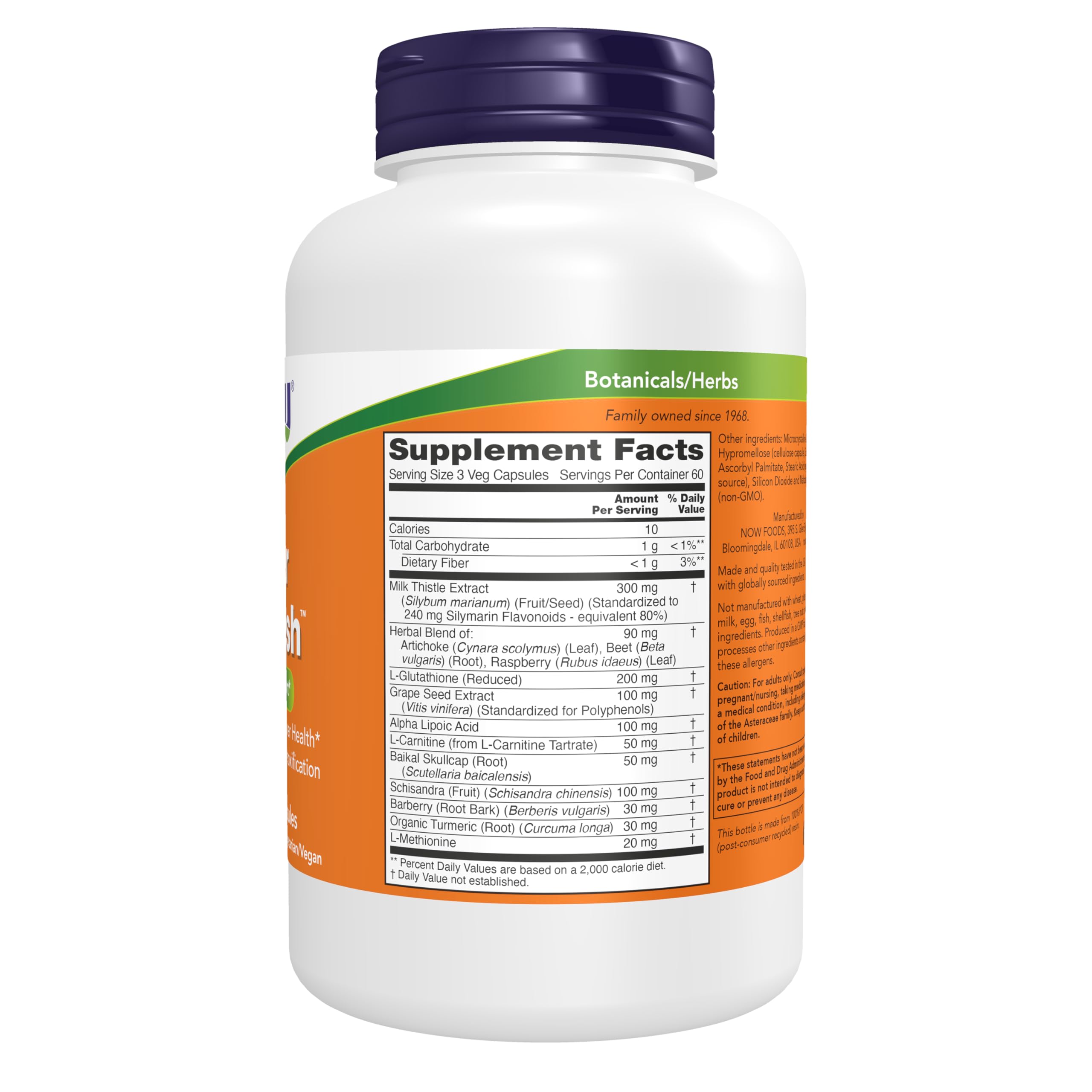 Milk thistle supplement for detoxification showing ingredients label and standardized silymarin content.