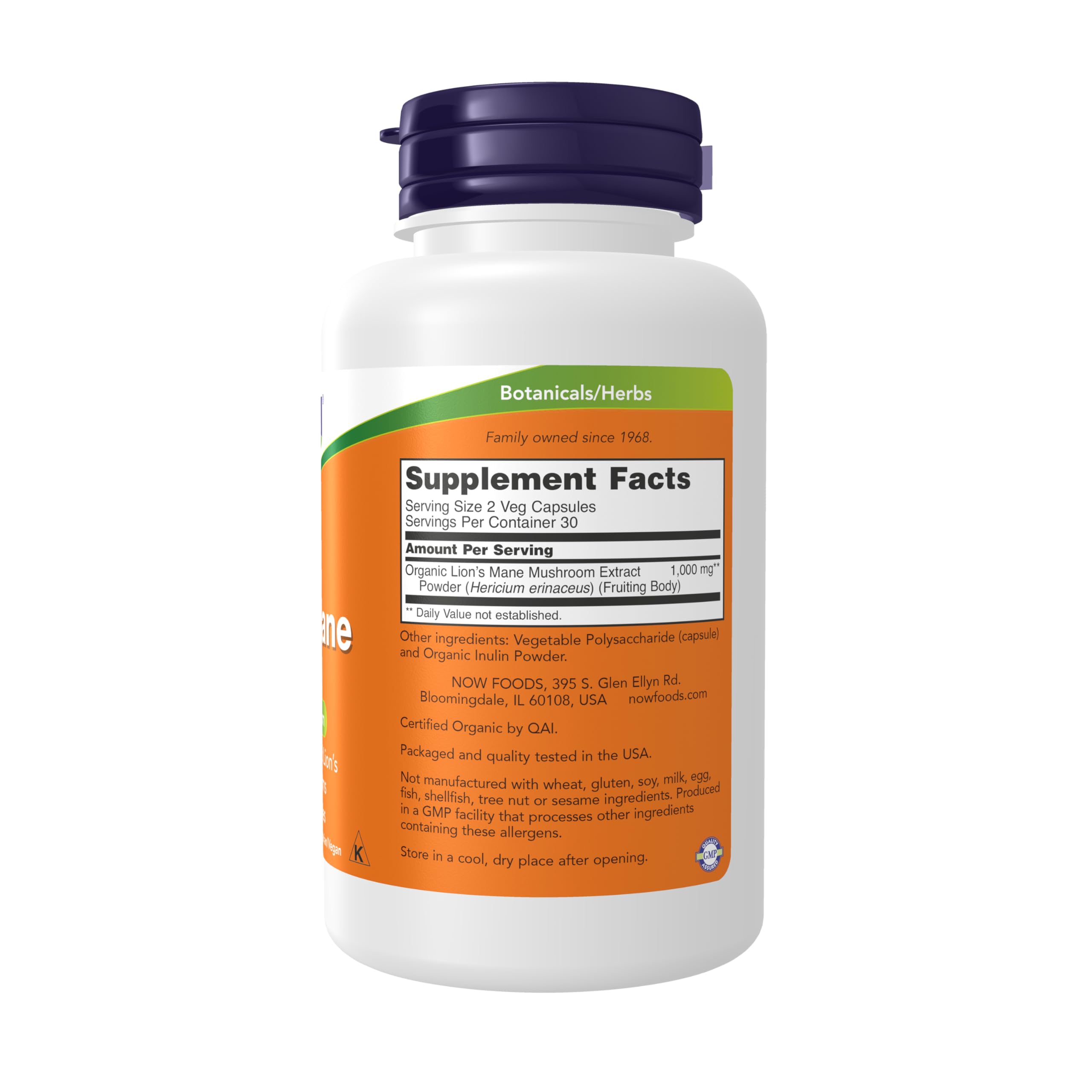 NOW Foods Super Mushroom capsules label showing organic ingredients and serving size
