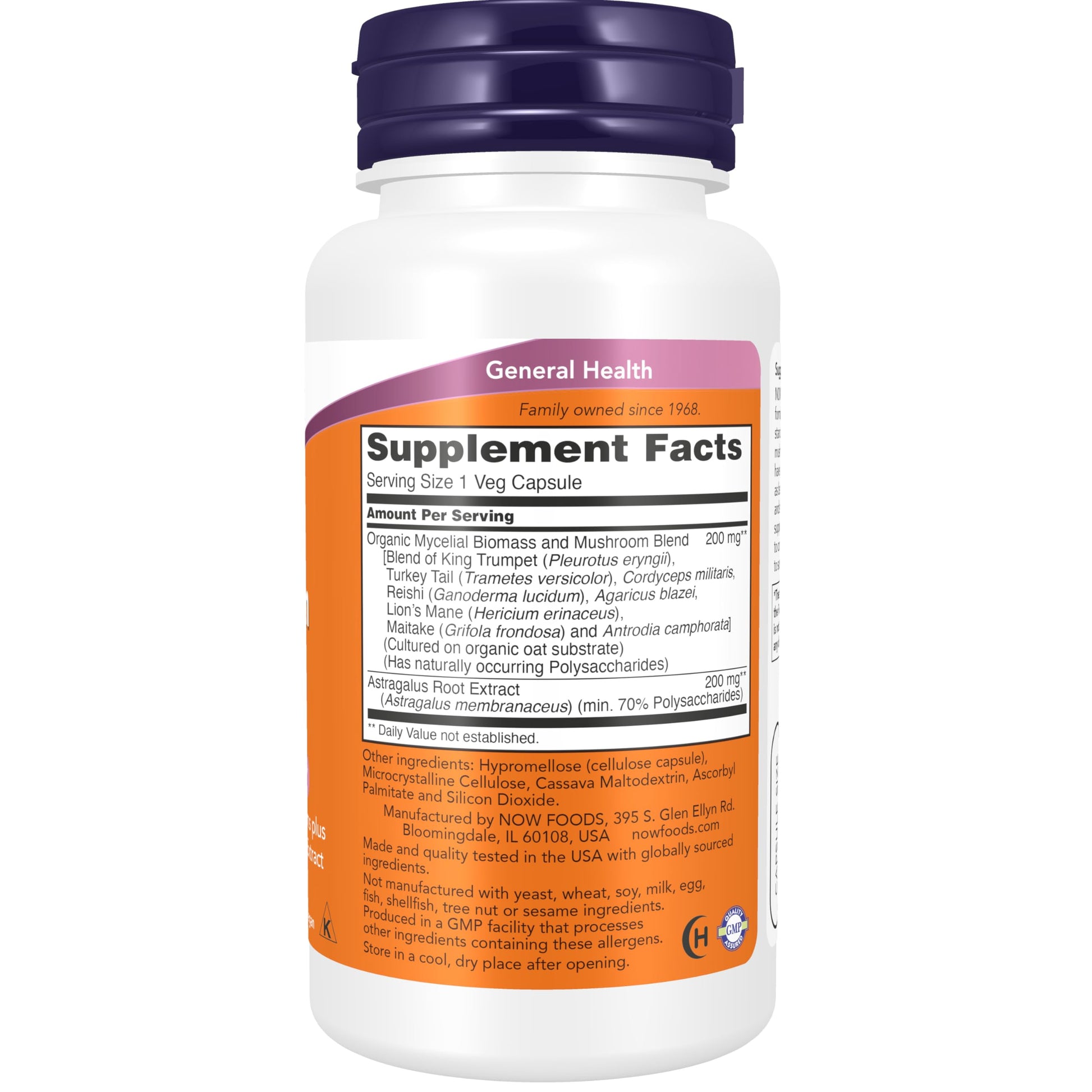 NOW Foods Mushroom Immune Renew supplement packaging showing active ingredients and blend information