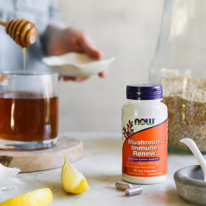Authentic USA imported NOW Foods Mushroom Immune Renew supplement bottle on a clean background