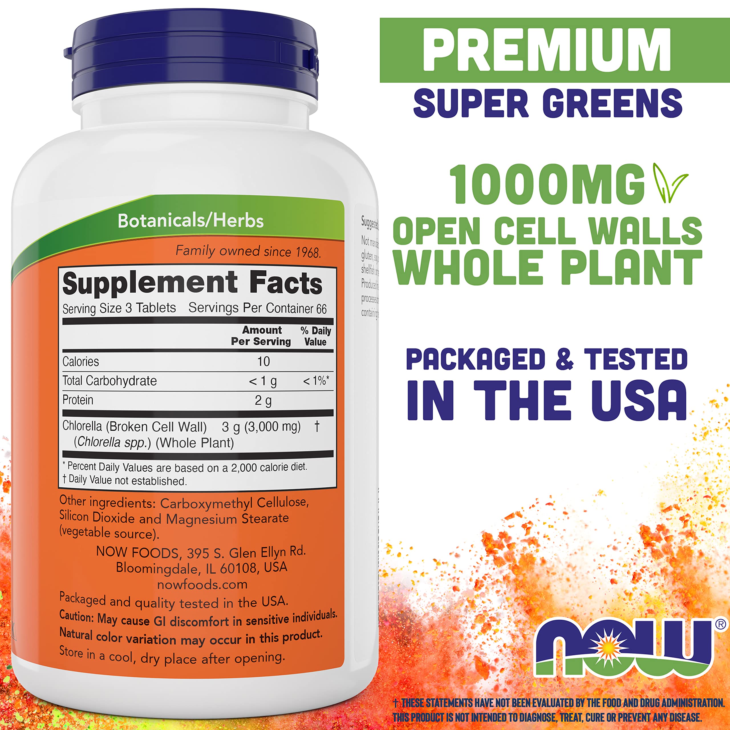 Now Foods Chlorella supplement bottle label details
