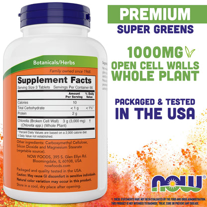 Now Foods Chlorella supplement bottle label details