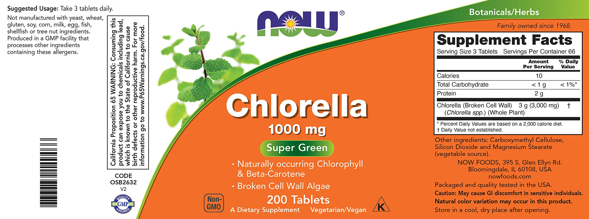 Back of Now Foods Chlorella bottle showing ingredients and nutrition