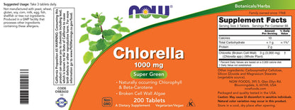Back of Now Foods Chlorella bottle showing ingredients and nutrition