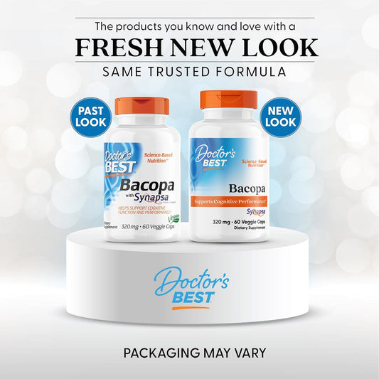 Side angle of Doctor's Best 320 milligrams brain health supplement highlighting non GMO and vegan certifications.