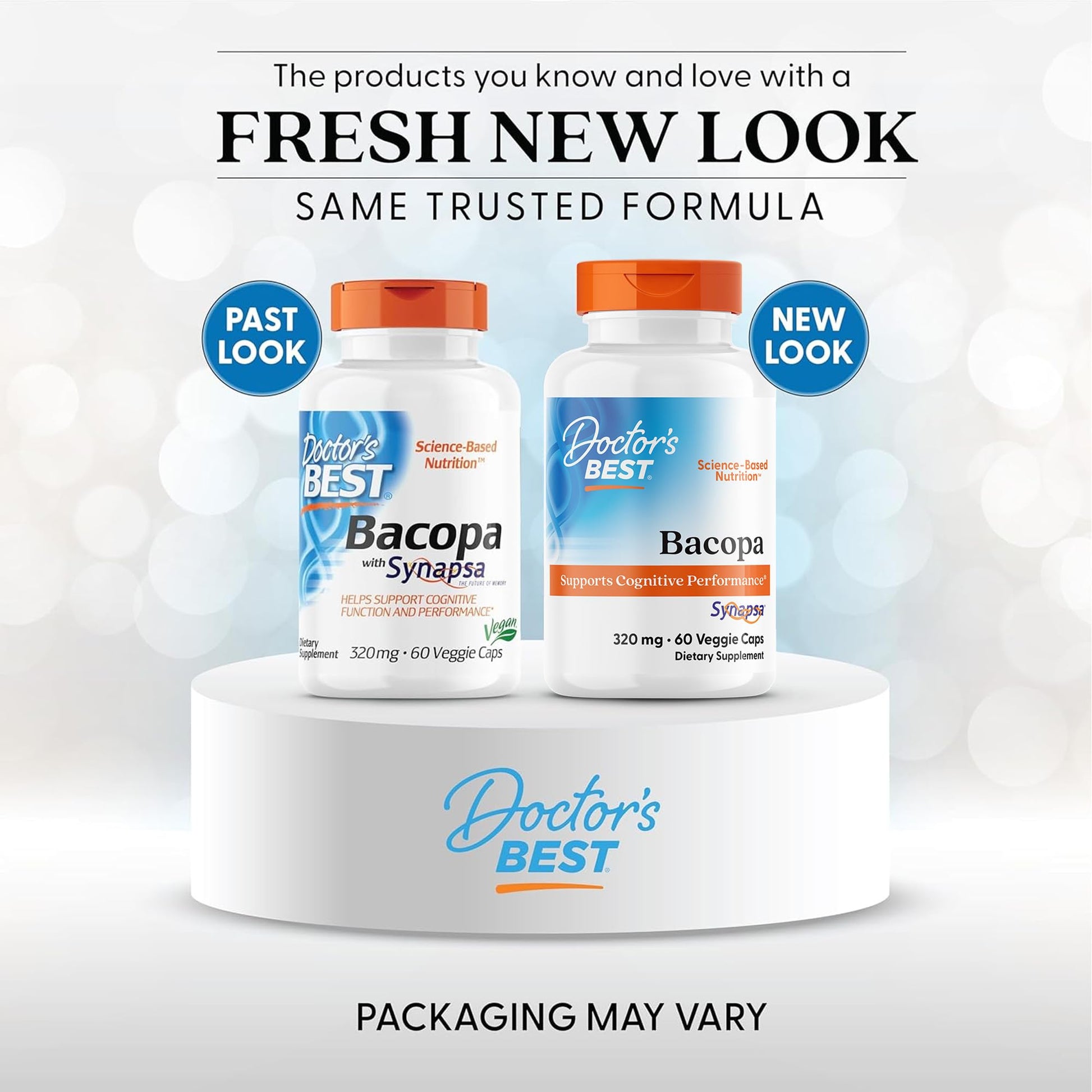 Side angle of Doctor's Best 320 milligrams brain health supplement highlighting non GMO and vegan certifications.